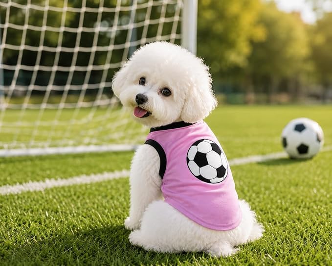 Petitebella Soccer Dog Shirt - Sporty Puppy T-Shirt with Soccer Ball, Breathable Soft Cotton Pet Clothes for Small Dogs Cats, Lightweight Summer Vest Apparel for Game Day Training (Pink, Large)