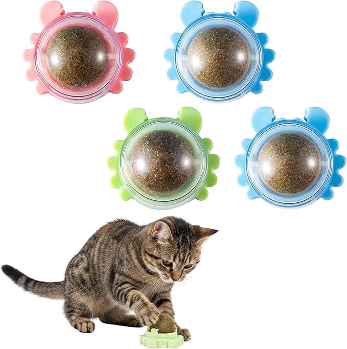 4 Pack Catnip Wall Balls 360° Rotatable Edible Cat Nip Toys Licking for Cats Wall-Mounted Teeth Cleaning Anxiety Relief Natural Indoor Mint Safe and Healthy Chew Kittens Peppermint Ball Climb Treats