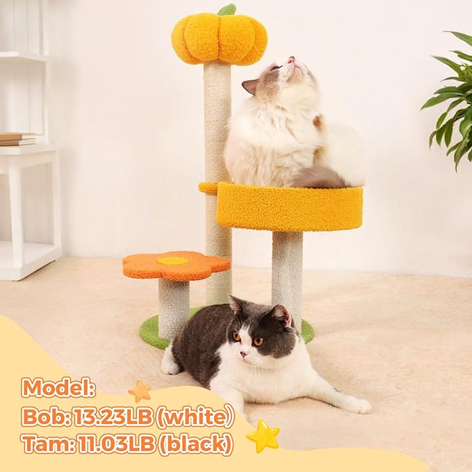 Cat Tree Post, 29.5" Pumpkin Flower Cat Tower Kittie Flower Kitten Nest with Sisal Post, Cozy Fluffy Cat Condo 3 Pillars Kitten Climbing Scratcher for Indoor Activity