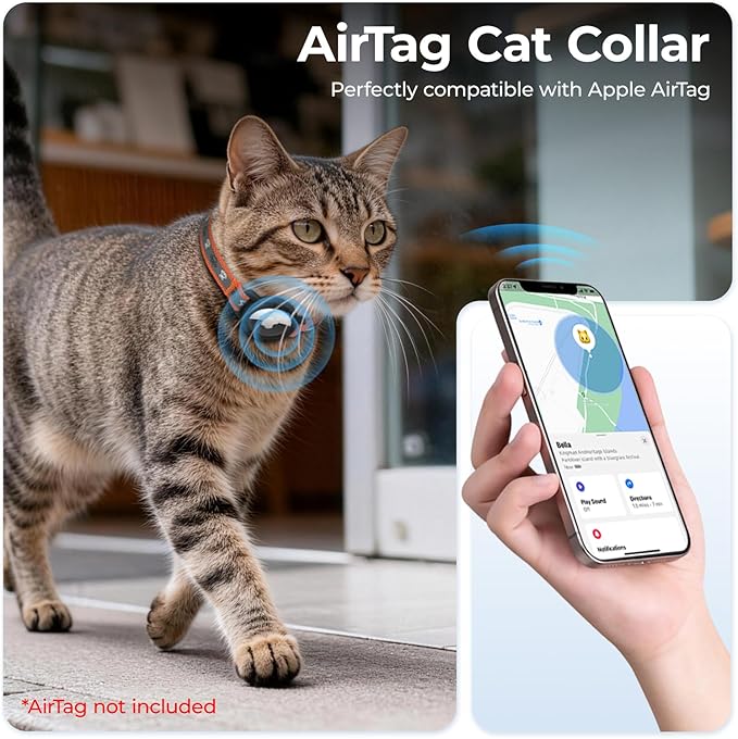 Breakaway AirTag Cat Collar, Reflective Cat Tracker Collar with Air Tag Holder and Bell, Safety Elastic Band Cat GPS Collars for Girl Boy Cats, Kittens and Puppies (Orange, 8-13'')