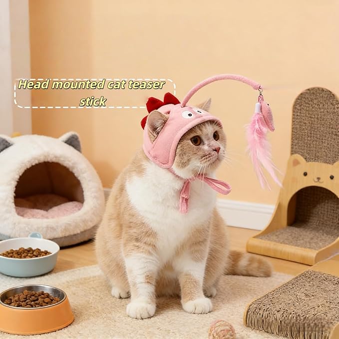 Cat Hat Toy Feather Wand Teaser Cat Toys (Pink)