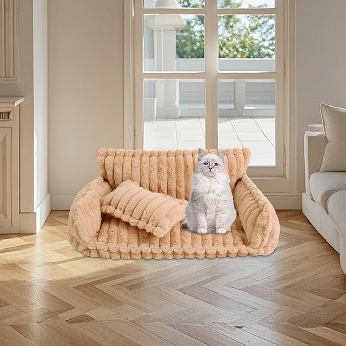 Plush Pet Couch, Soft Cat Bed with Bolster, Comfortable Pet Sofa for Indoor Lounging, Washable Cover, Large Size, Perfect for Medium to Large Breeds (Camel)