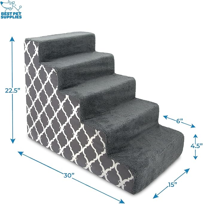 Best Pet Supplies Dog Stairs & Steps - Foam Steps for Small Dogs & Cats, Non-Slip Indoor Balanced Pet Step Support, Dog Ramp, No Assembly, Gray Lattice Print, 5-Step