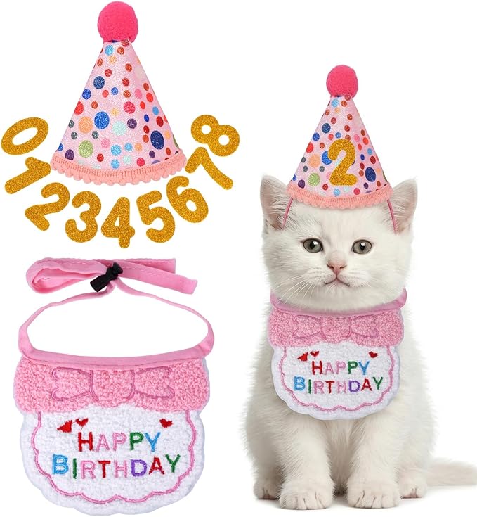 Cat Birthday Outfit, Cat Birthday Bandana and Hat Set with Number Kitten Birthday Costume, Cute Pet Birthday Party Decoration Outfits for Pet Cats Supplies (Pink)