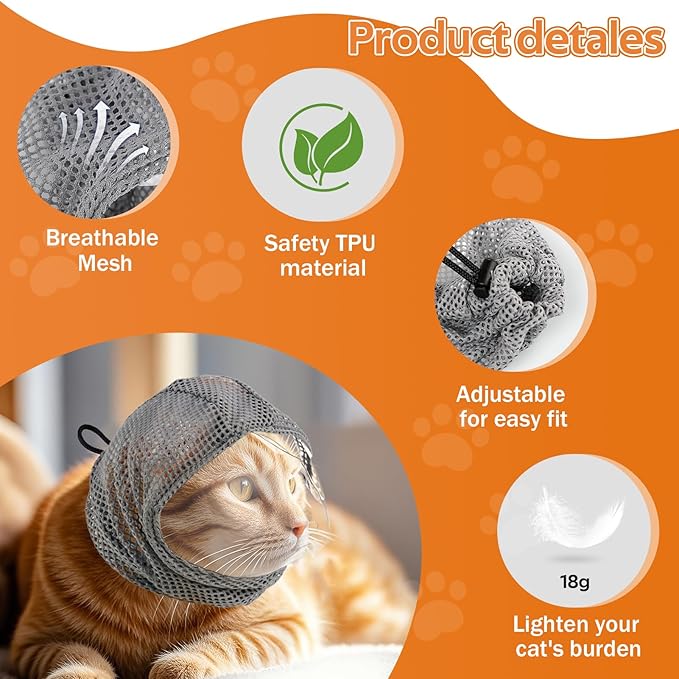 Adjustable Cat Muzzle for Grooming and Biting Prevention, Breathable TPU Material with 4 Anti-Scratch Gloves for Nail Trimming Bathing Vet Visits - S
