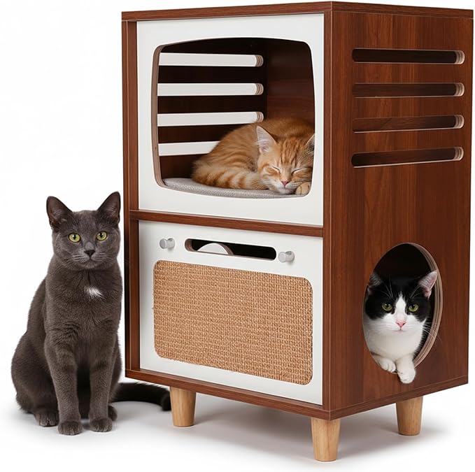 Generic Wood Bedside Table with Scratching Board 2 in 1 Play House End Table Retro TV-Style Two-Tier Indoor Cat Activity Center Vintage TV Shaped Cat Furniture for Indoor Use Cats Beds