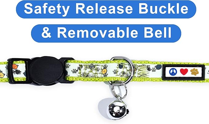 Pawtitas Glow in the Dark Cat Collar with Breakaway Safety Buckle & Bell Adjustable Kitten Collar, Green