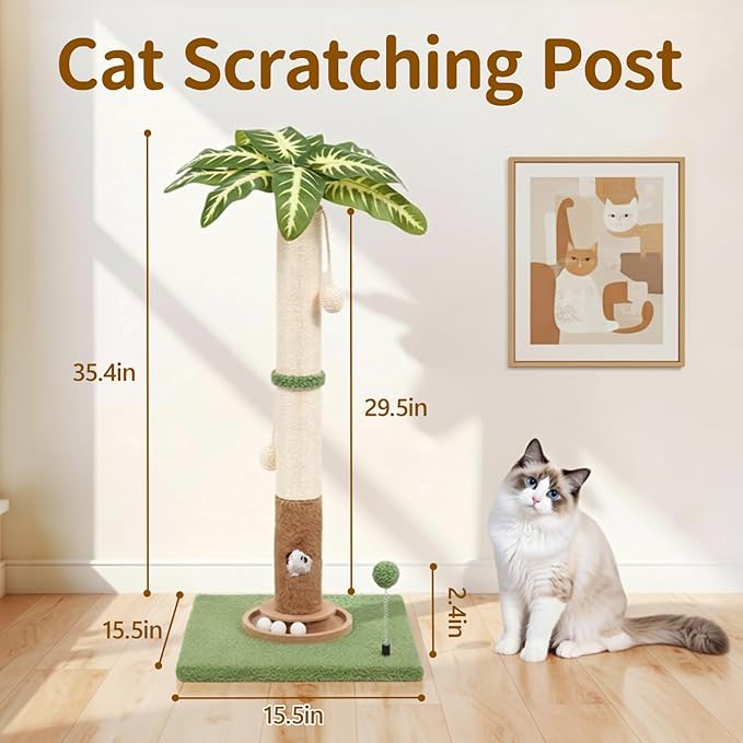 Cat Scratching Post Tall Vertical for Indoor Cats, 35" Palm Tree Leaves Sisal Pole for Large Cats Kittens, Heavy Duty Wooden Carpet Pole with Interactive Track Balls, Furniture Protection