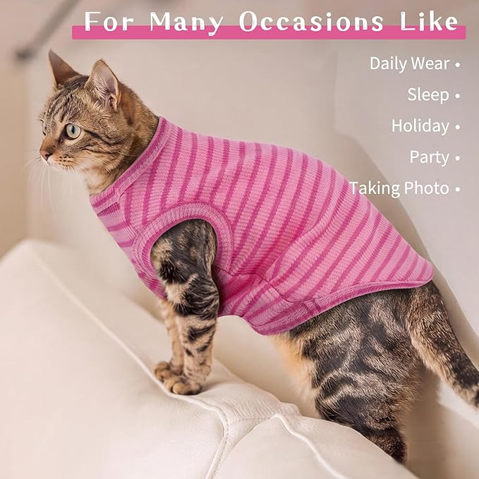 BRKURLEG Knit Cat Shirt, Sleeveless Pet Vest for Sphynx Cats and Small Dogs, Soft Pullover Spring Summer Apparel, Breathable T-Shirts with Round Collar (Rose Pink Stripes, S)