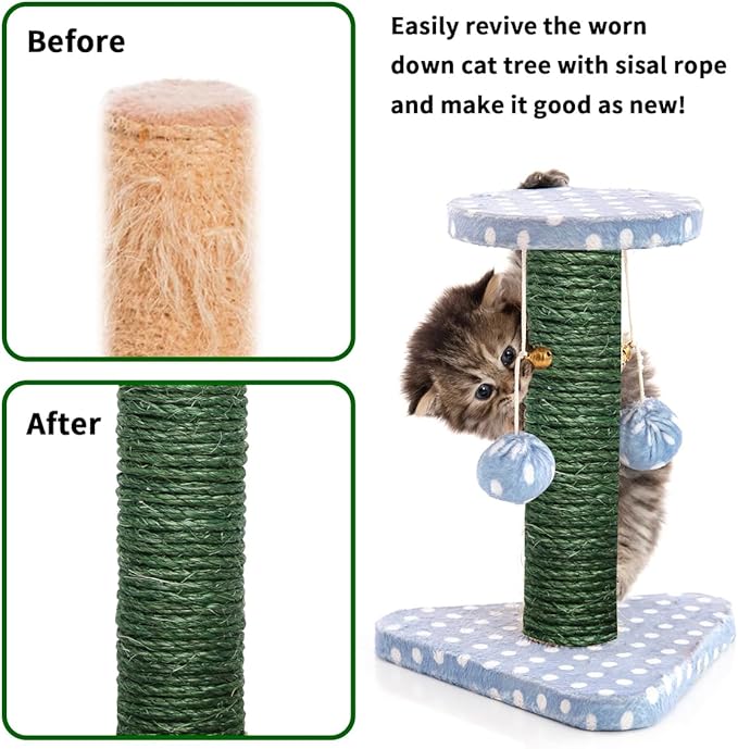 Green Sisal Rope 1/4 Inch by 164-Feet for Cat Scratching Post Tree Tower Replacement Repair and Replace, DIY Hemp Twine Rope for Kittens Shelves Furniture Window Bed Perch House Climbing, 6mm by 50m