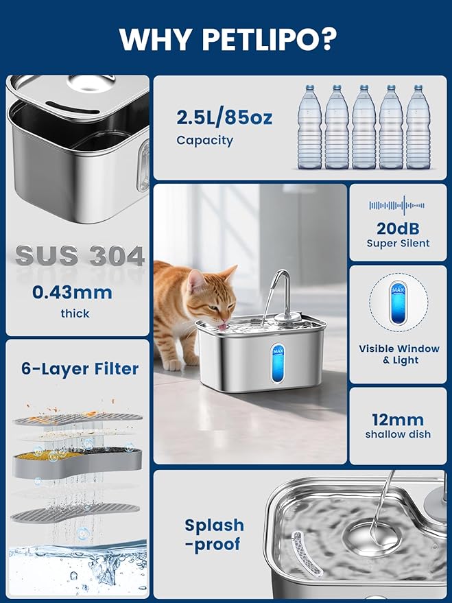 Cat Water Fountain Stainless Steel for Cats Indoor 2.5L 85oz by BPA-Free SUS304, Effective 6-Layer Filter Cat Fountain for Drinking 20dB Ultra Quiet & Soft Flow Metal Pet Water Fountain