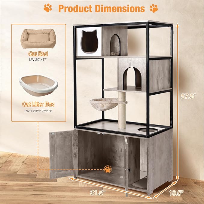 Cat Litter Box Enclosure,Hidden Litter Box Furniture with Metal Frame,Wooden Kitty House with Barn Door,Wooden Cat Washroom Furniture,Fit Most of Litter Box (Grey, M)