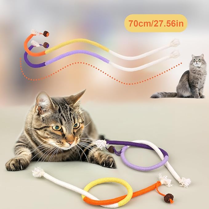 NQEUEPN 2pcs Cat Rope Chew Toys, 27.56x0.39in Premium Cotton String Chew Toy for Kitten Dental Toys Pet Goods Interactive Bite-Proof Supplies for Cats of All Ages (Purple, Orange)