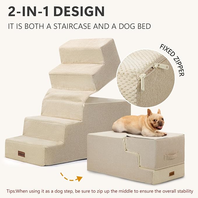 Aodisman Pet Stairs for High Bed, 5-Step Dog Stairs for Small Dogs, Indoor Non-Slip Dog Steps for Old Cats, Puppy, Small Medium Dogs,22.6" H,Beige
