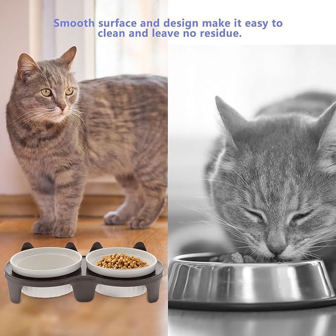 ERINGOGO Ceramic Elevated Cat Food Bowl Set with Anti-Slip Rack, Thickened Brown Double Bowls for Indoor Cats, Raised Floor Pet Feeding and Watering Station