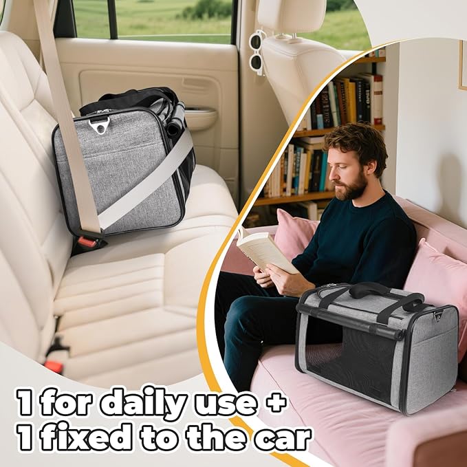 YUDODO 2 Packs 25 lbs Lightproof Soft Sided Cat Carrier for Large Cat & Small Dog Airline Approved Travel Bag Pet Puppy Carriers with Side Pockets & Reflective Mesh, Foldable Portable for Car 2 Grey
