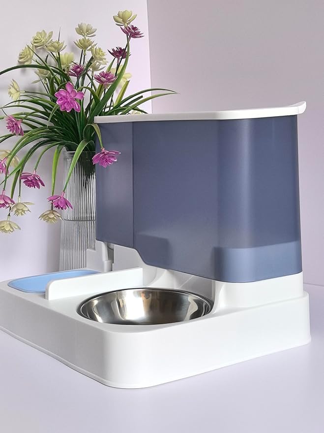 2-in-1 Automatic Pet Feeder and Water Dispenser, Stainless Steel Smart Food Water Bowl for Cats and Dogs, for Home Use (Sky Blue)