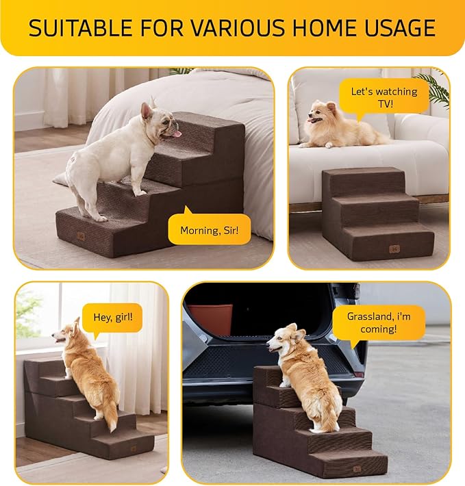 ABCPET Dog Stairs for High Bed, Dog Steps for Bed Couch Sofa, 35D Foam Extra Wide Pet Steps for Small Dogs and Cats, Pet Stairs with Non-Slip Bottom Brown, 4 Steps