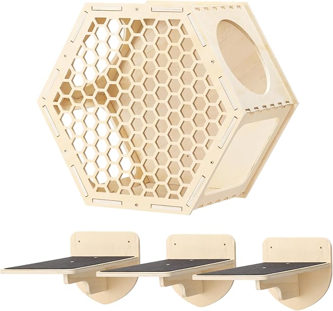 Navaris Cat Shelves for Wall (4 Pieces) - Set with Hexagon Shelf and 3 Steps - Wall Mounted Climbing Perch for Cats - Wall Mount Furniture for Walls