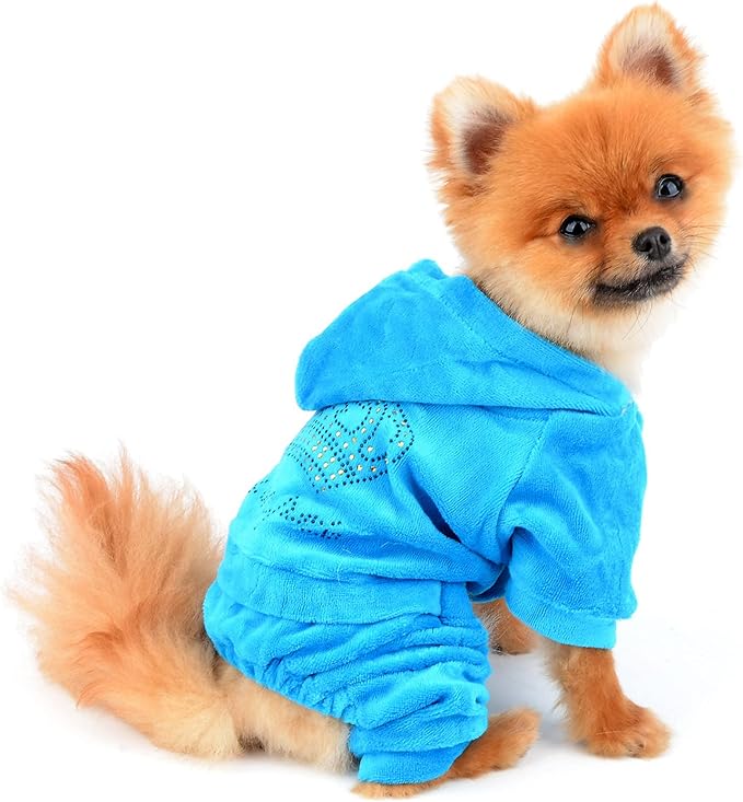 SMALLLEE_LUCKY_STORE Pet Clothes for Small Dog Cat Soft Velvet Crown Jumpsuit Coat Hooide Pajamas Tracksuit Blue XS