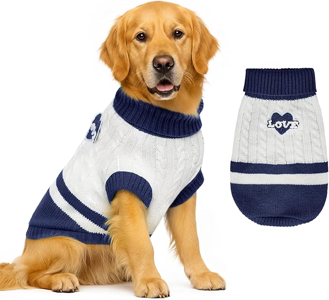 Dog Sweater Knitted for Small to Large Dogs Boy Girl, Classic Turtleneck Dog Christmas Sweaters, Warm & Soft Pet Clothes for Winter (Love Blue, XL)
