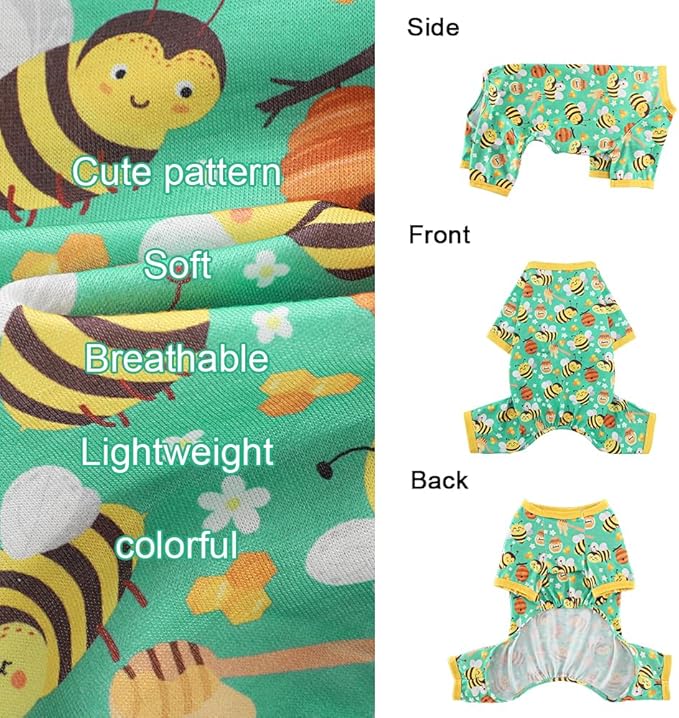Yikeyo Dog Pajamas Small Sized Boy Girl, Cotton Stretchable Pet Clothes Jammies Puppy Outfits for Dogs Female Male, Spring Summer Doggie Pjs Doggy (Bee Green, L)