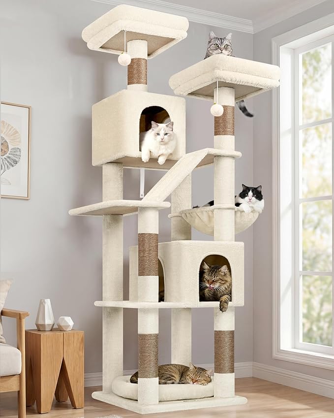 Globlazer 74in Heavy Duty Cat Tree for Large Indoor Cats, Multi-Level Cat Tower with Scratching Post, Cat Condos with Climbing Ladder, Hammock, Extra Large Top Perches, Pet Bed, F74D, Beige