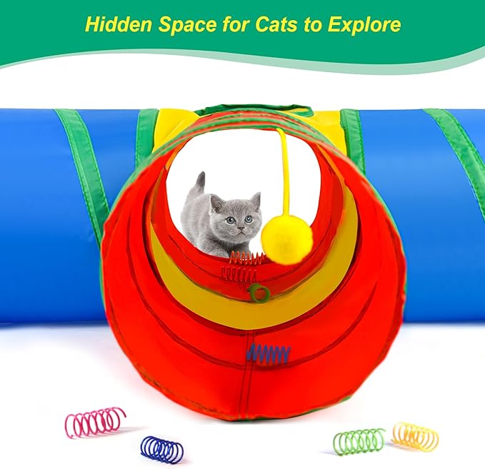 Cat Tunnel 4 Way Collapsible, Interactive Cat Toys for Indoor Cats, 12 PCS Cat Springs Toy Kitten Toys Pack, Large Rainbow Bunny Tunnel Tube with Peephole, Pet Tunnels for Cats Kitty Rabbits