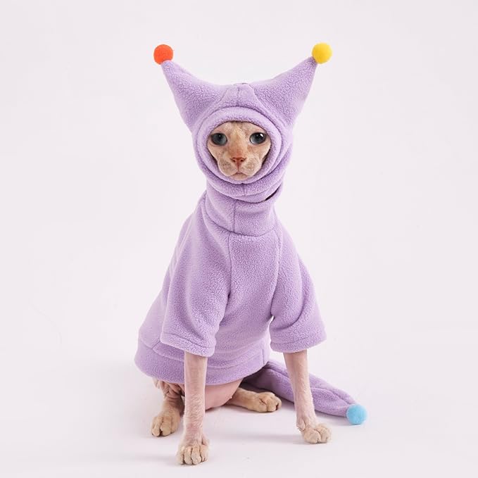 Sphynx Cat Clothes, Warm Cat Jumpsuit with Hat and Tail Cover, Full Set for Hairless Cats, Cornish Rex and Devon Rex (Purple, XXL(10-11lbs))