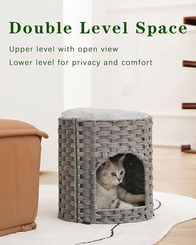 SETVSON Cat House for Indoor Cat, Small Cat Houses Handwoven PE Rattan Kitten Cave, Pet Kitten Bed Covered, One Bed Pad, 13 x 13 x 13.7 Inches, Foldable Hideaway in Living Room Gray