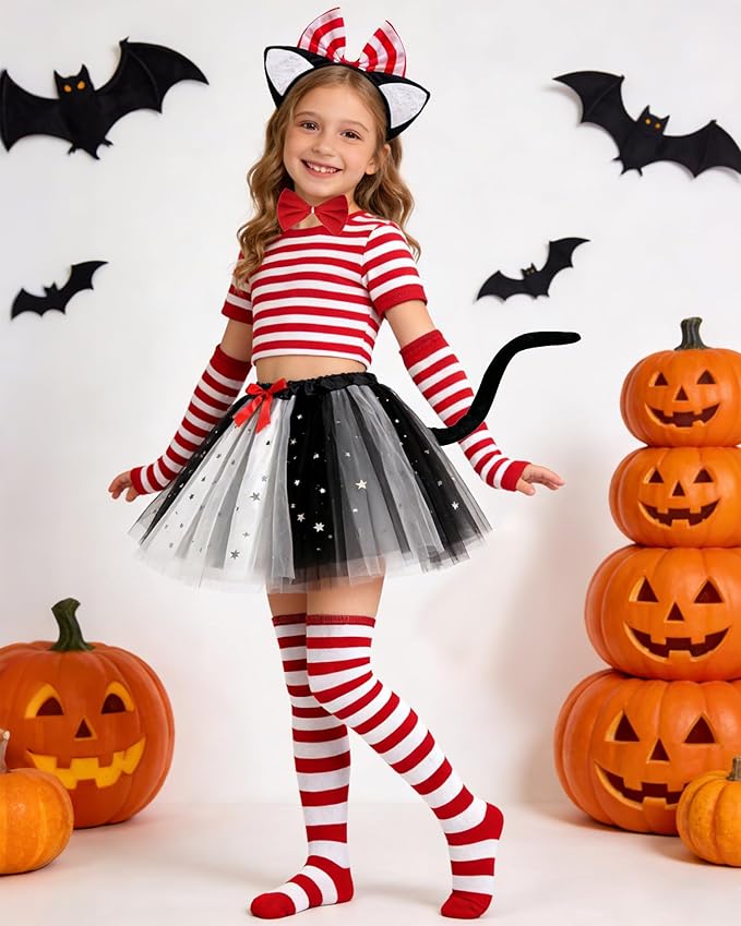 6 Pcs Cat Costume Set with Headband, Bow Tie, Sleeves, Socks, Tutu and Tail for Grils Halloween Book Week Cosplay