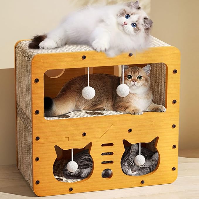 Cat Scratcher Cardboard House, 2-Tier Kitty Scratching Pad Lounger Bed for Small Cats to Play, Rest, Sleep, Scratch Post Box, Durable Board Entertain Feline Friends Prevent Furniture Damage