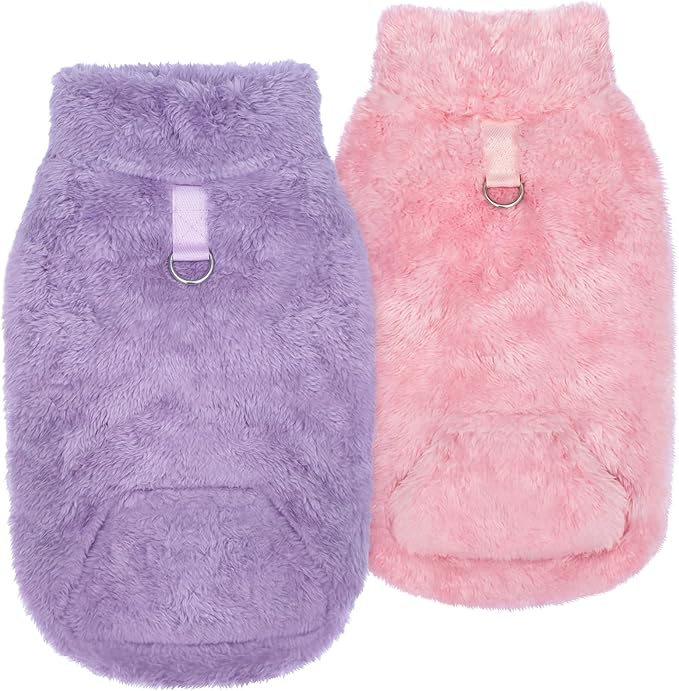 Idepet Fleece Dog Sweater Vest 2 Pack, Small Dog Clothes Sleeveless with Leash Ring and Pocket, Warm Puppy Sweatshirt Pet Cold Weather Pullover for Cats (Pink+Purple, X-Large)