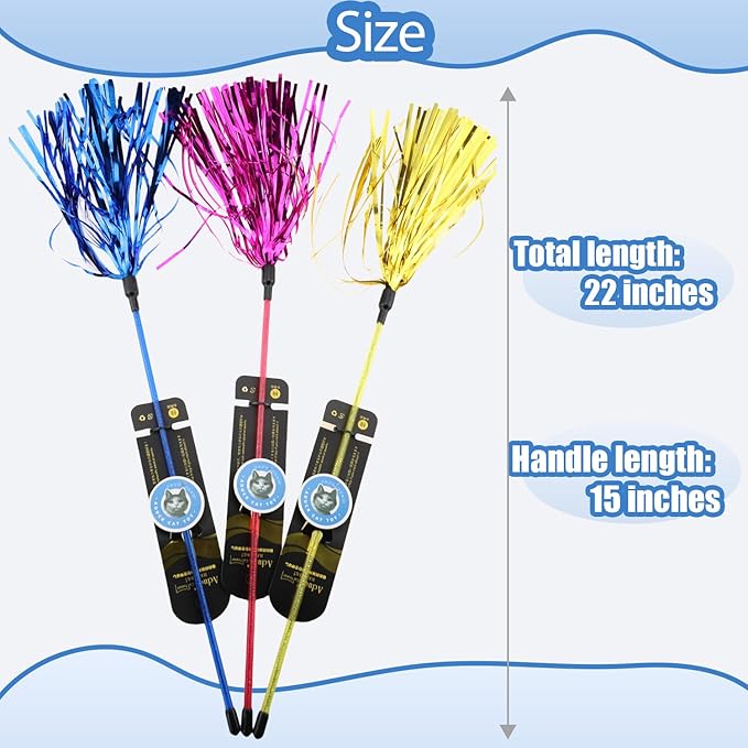 ADUCK 3 Pack Cat Wand Toy for Indoor Cats, 22-Inch Interactive Tassel Teaser Kitten Toy for Exercise and Play, Durable PE Wand Chaser Without Loose Parts (Gold, Blue, Pink)