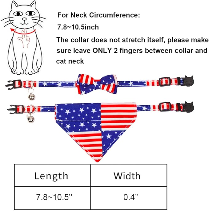 ADOGGYGO American Flag Cat Collar with Removable Bowtie Bandana, Breakaway Patriotic Kitten Collars for Cat Kitten (4th of July)