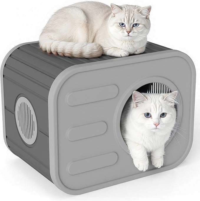 Insulated Outdoor Cat House,Plastic Feral Cat Houses for Outdoor Indoor Cats with Camera Appearance & Large Door,Stackable Cat Houses & Condos,Spacious Cat Bed Cave,Easy to Clean,Black
