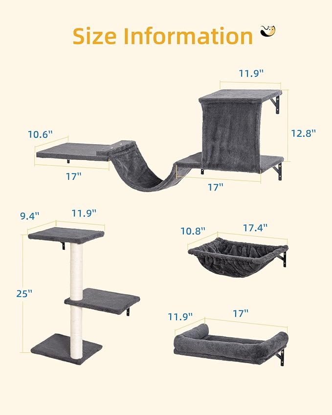 Aechonow Heavy Duty Cat Wall Shelves for Indoor Cats Large Adult, 17'' Large Hammock and Perch Bed for Wall, 5-in-1 Wall-Mounted Cat Climbing Set for Multi-Room Use