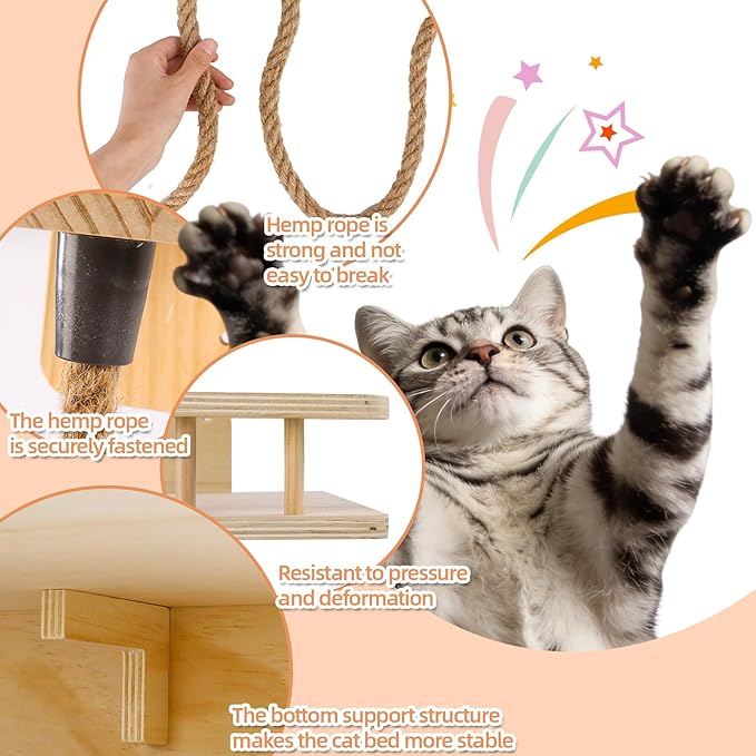 Wall-Mounted Cat Bed & 4.3ft Climbing Rope, with Soft Cushion & Cool Mat, Wall-Mounted Cat Furniture for Sleep Climb, Easy DIY Installation