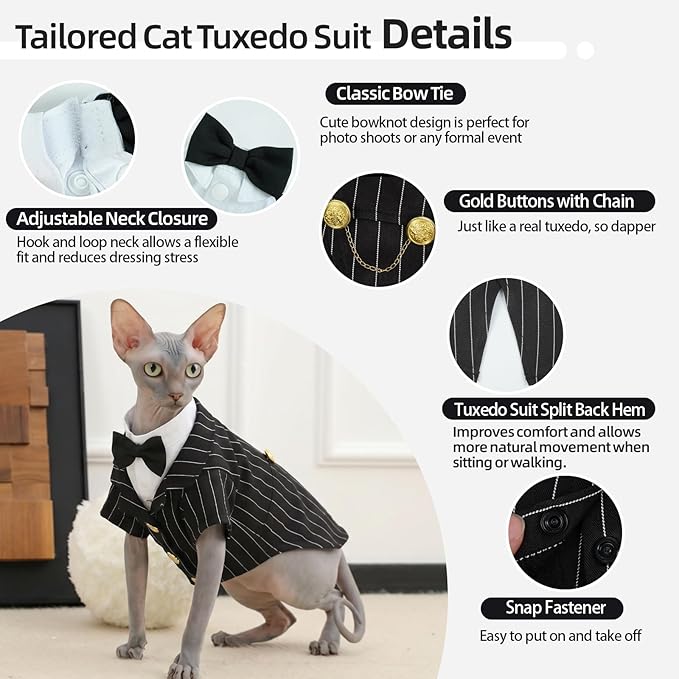 QBLEEV Cat Tuxedo Outfit, Formal Cat Suit Costume with Bow Tie, Sphynx Hairless Clothes for Cats Only, Kitten Wedding Birthday Party Attire Apparel for Male Boy, Cute Small Pet Gentleman Formal Wear