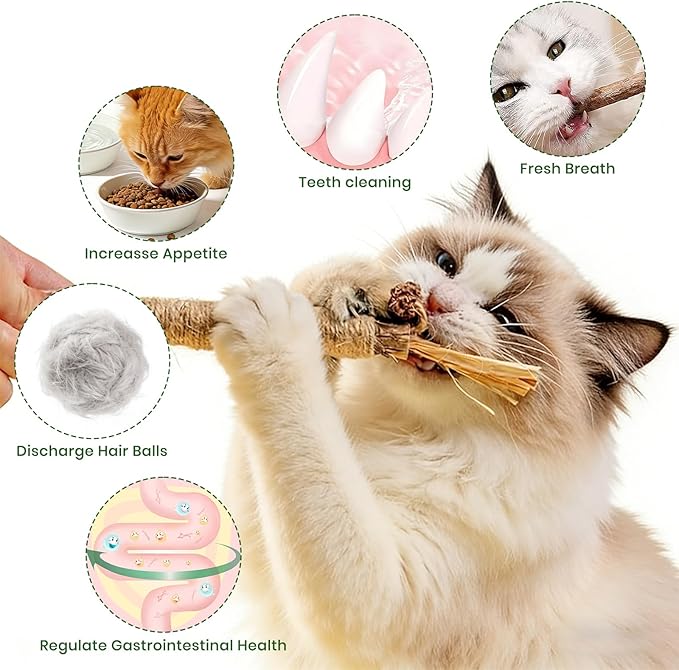 Silvervine Sticks for Cats and Cat Chew Rope Toy for Dental Care Teeth Cleaning&Anxiety Relief,Interactive Catnip Toys for Bored Indoor Cats（9pcs）