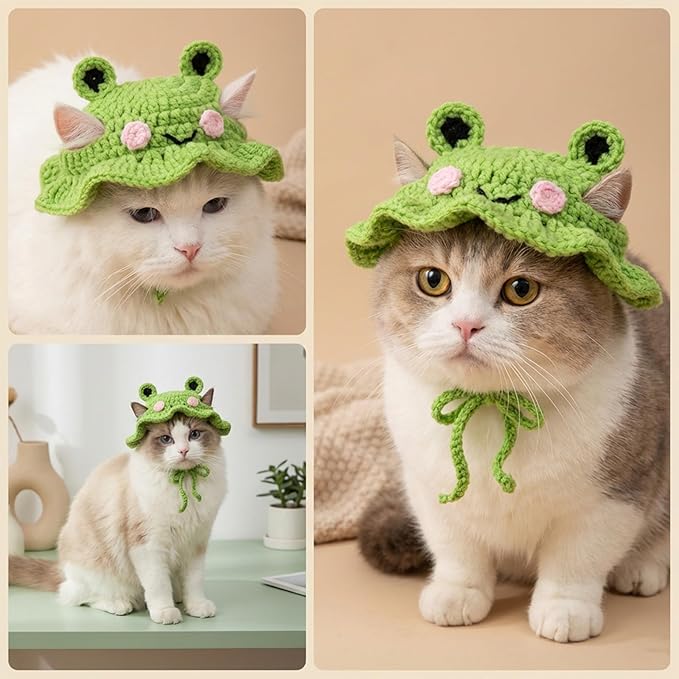 2Pcs Strawberry and Frog Cat Hat, Crochet Hats for Kitten Soft Cotton Cute Knitted Hat Christmas Birthday Halloween Party Costume Accessory for Kitten Small Pets