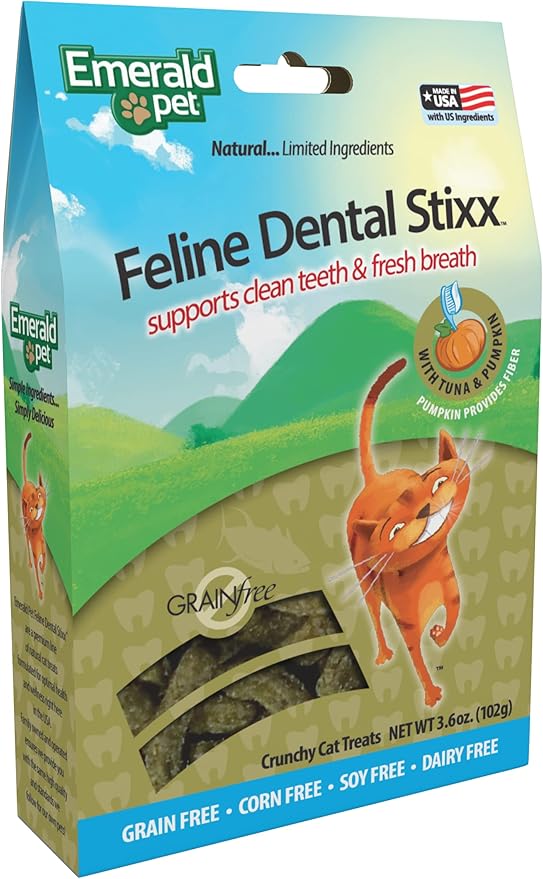 Emerald Pet Grain-Free Tuna Cat Dental Treats – Crunchy Dental Sticks for Cats to Clean Teeth, Reduce Plaque & Tartar, Freshen Breath – Pumpkin for Digestive Health, Natural Cat Chews, 3.6 oz