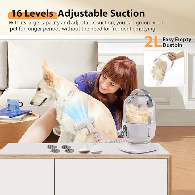 Pet Grooming Kit & Vacuum Suction 99% Pet Hair, 5 In-1 Pet Grooming Kit With 2L Large Capacity Dust Cup, Low Noise Dog Hair Remover for Shedding Grooming Dogs Cats and Other Animals,