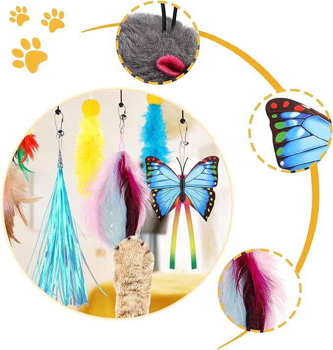 QUOZUO Cat Toys Replacement Cat Toy Wand Refills, 12 Pcs Cat Feathers Refill, Cat Toy Mouse Cat Wand Refill Attachments for Indoor Cats