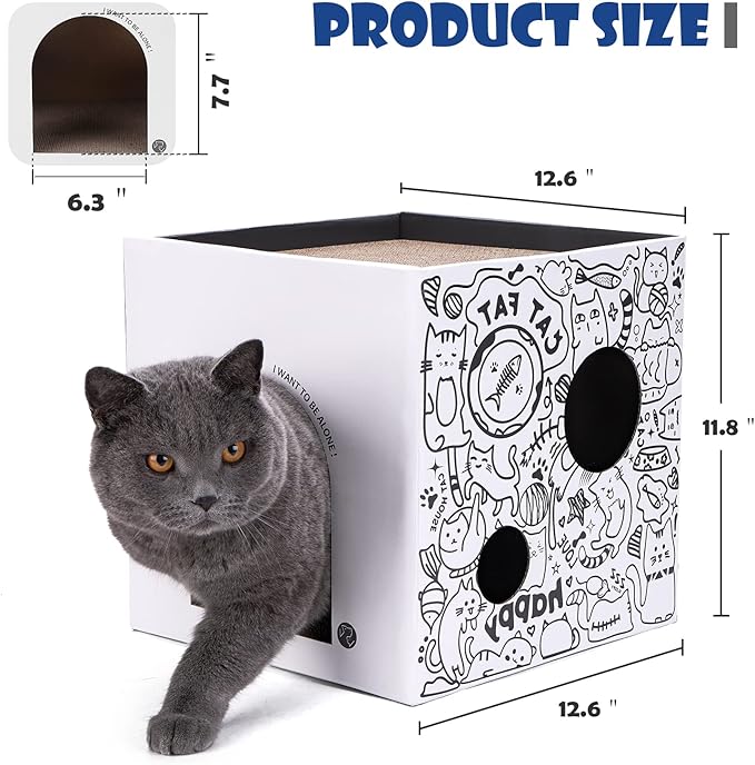 Cardboard Cat House with 2 Story Scratch Pads - Cat Play House for Indoor Cats - Corrugated Scratcher Box - Hideout for Small Animals