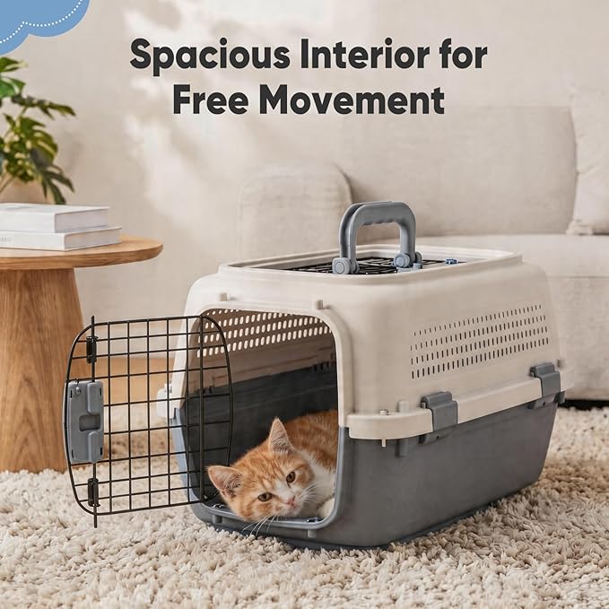 DUMOS 23" Hard-Sided Pet Carrier for Small Dogs & Cats, Airline Approved Travel Crate with Enhanced Security Latches, Front & Top Load Wire Door, Food Bowl for Traveling, Hiking, Camping, Beige&Grey
