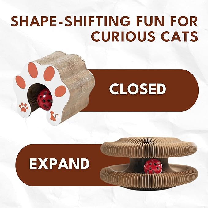 Kitty Cat Scratcher with Bell Ball & Catnip - Magic Organ Cat Scratch Board - Shape Shifting Accordion Cardboard Scratch Board Toy for Indoor Cats (Cat Scratcher Board)