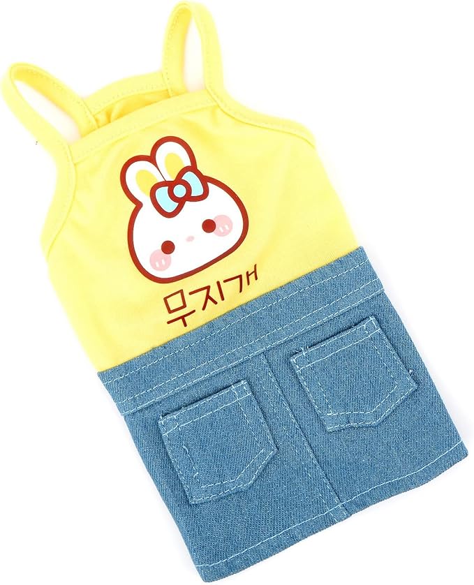 PAIDEFUL Small Girls Dog Denim Dress Spring Summer Sundress Cartoon Patch Soft Comfortable Puppy Clothes Cute Sleeveless Pullover Cats Costume Birthday Party, Yellow, L