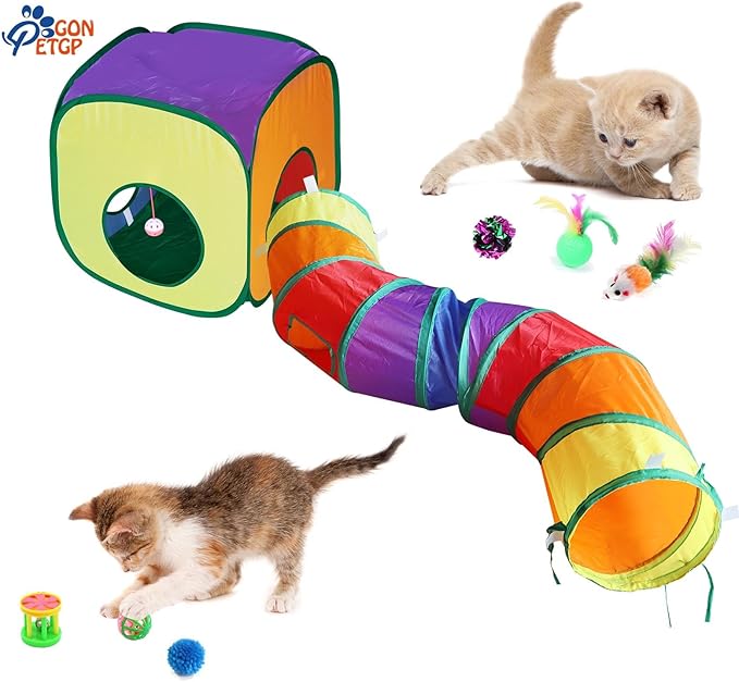 GONPETGP Cat Toys for Indoor Cats, Kitten Toys Set, Collapsible Pet Tunnel Cube Tent Toys, Interactive Cat Feather Teaser Wand Cat Bell Balls Fuzzy Ball Springs Mouse Toys (Rainbow)