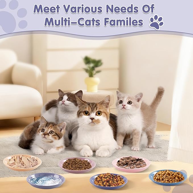 6 Pack Cat Food Bowl, Ceramic Cat Bowls, Anti Whisker Fatigue Cats Bowl Set,5.5 Inches Shallow Wide Kitten Plates for Food and Water (CaiSe-A)